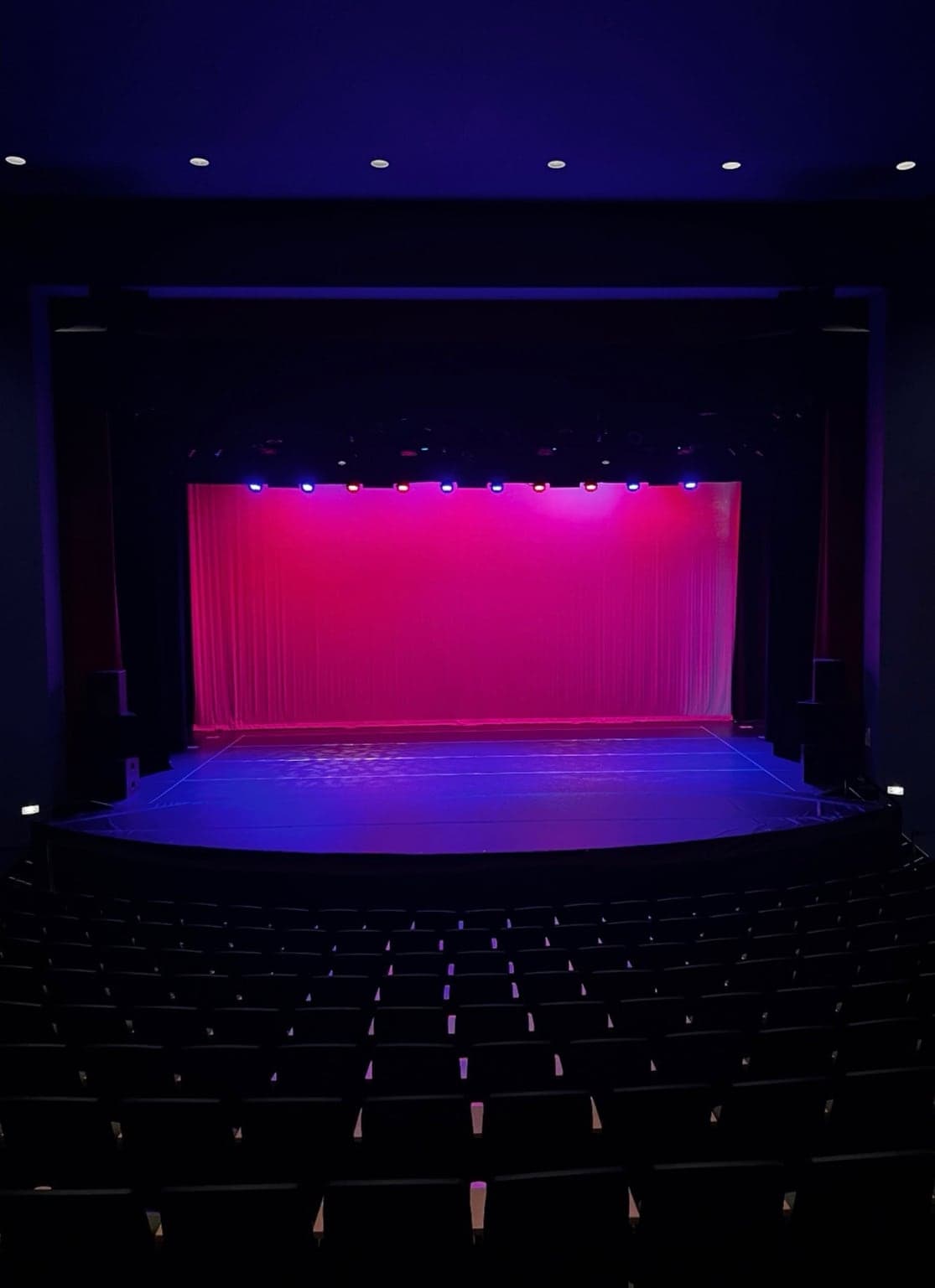 Maguire Theatre stage in Old Westbury, NY lit in pink and blue with curtain raised, set for the DXNY 20th Anniversary Recital