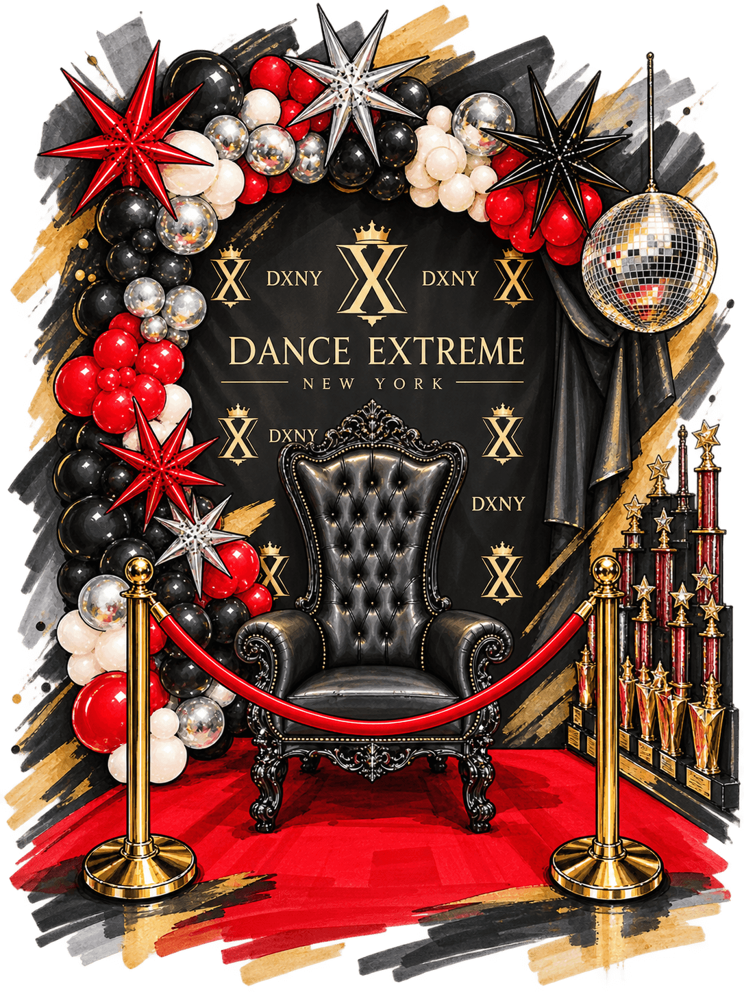 Dance Xtreme New York celebration artwork with a throne, red carpet, balloons, and trophies